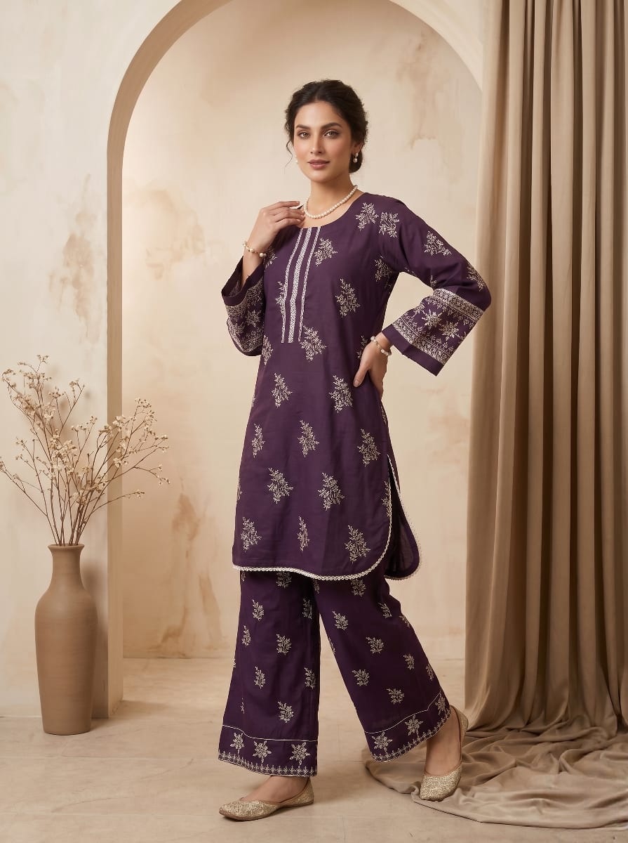 Dark Purple Embroidered 2 - Piece Suit with Flapper Trousers - sitarastyle.com