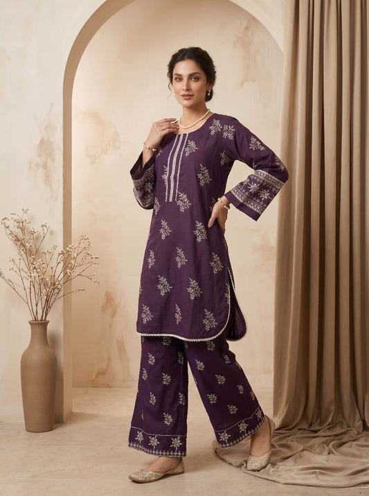 Dark Purple Embroidered 2 - Piece Suit with Flapper Trousers - sitarastyle.com