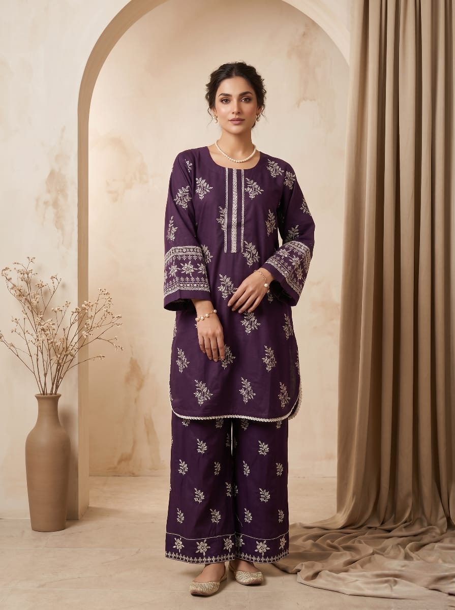 Dark Purple Embroidered 2 - Piece Suit with Flapper Trousers - sitarastyle.com