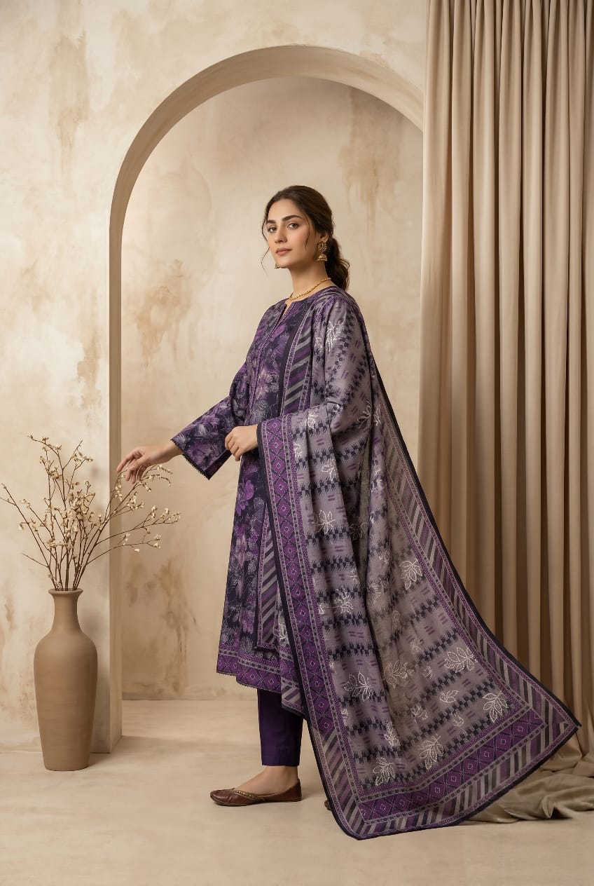 Deep Purple Printed Lawn 3 - Piece Suit with Embroidery - sitarastyle.com