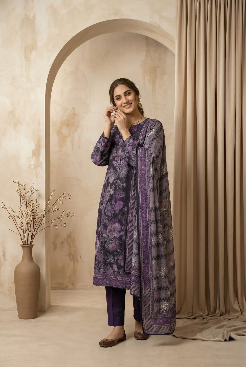 Deep Purple Printed Lawn 3 - Piece Suit with Embroidery - sitarastyle.com