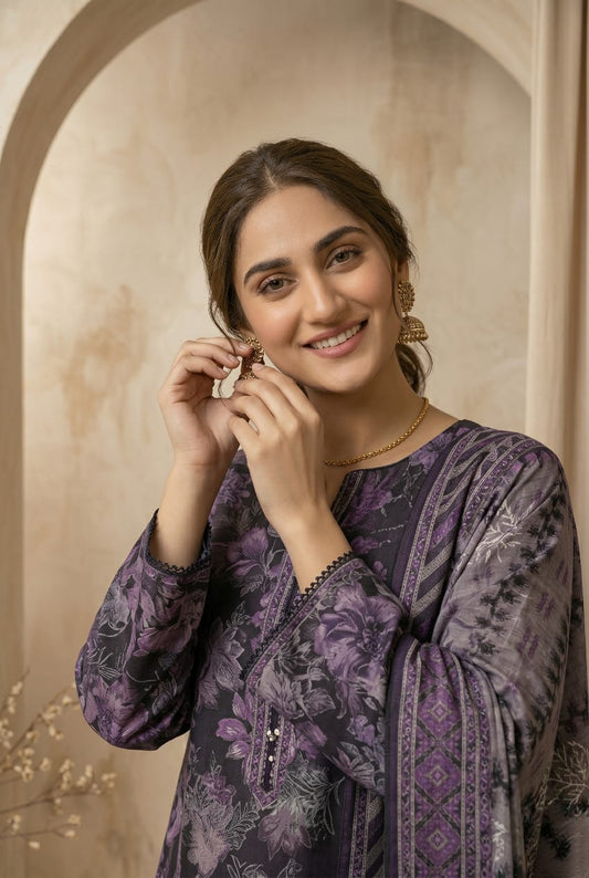 Deep Purple Printed Lawn 3 - Piece Suit with Embroidery - sitarastyle.com