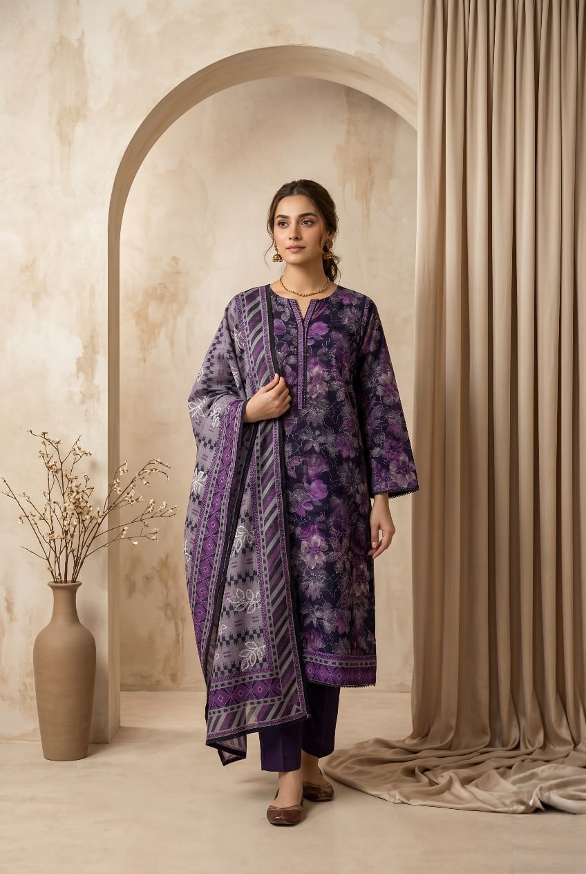 Deep Purple Printed Lawn 3 - Piece Suit with Embroidery - sitarastyle.com
