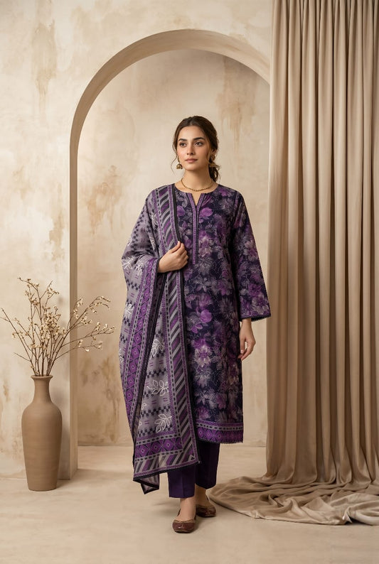 Deep Purple Printed Lawn 3 - Piece Suit with Embroidery - sitarastyle.com