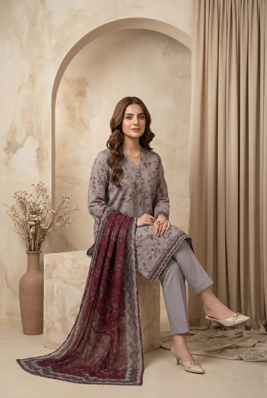 Dove Grey 3 - Piece Printed Lawn Suit with Lawn Dupatta - sitarastyle.com