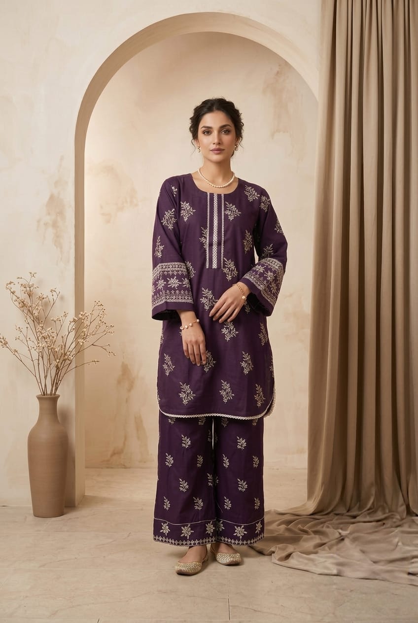 Dua | Dark Purple Embroidered 2pc Suit with Flapper Trousers - sitarastyle.com