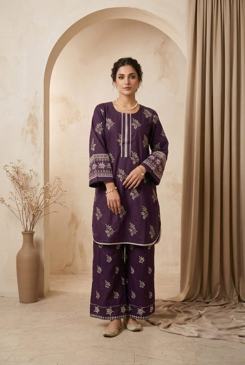 Dua dark purple embroidered 2pc suit with flapper trousers - Sitara Style