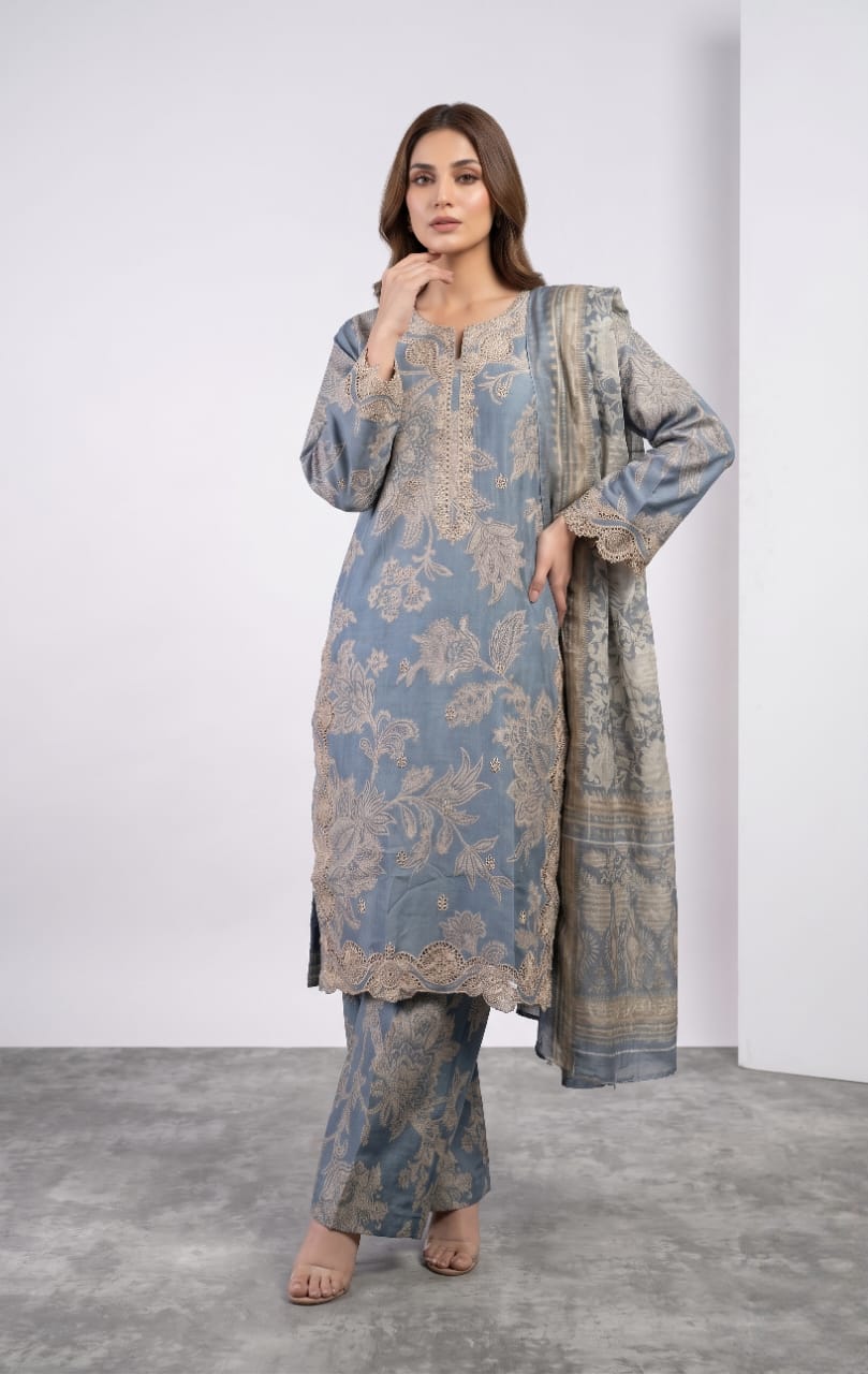 Dusty Blue 3 - Piece Printed Lawn Suit - sitarastyle.com