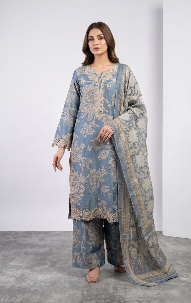 Dusty Blue 3 - Piece Printed Lawn Suit - sitarastyle.com