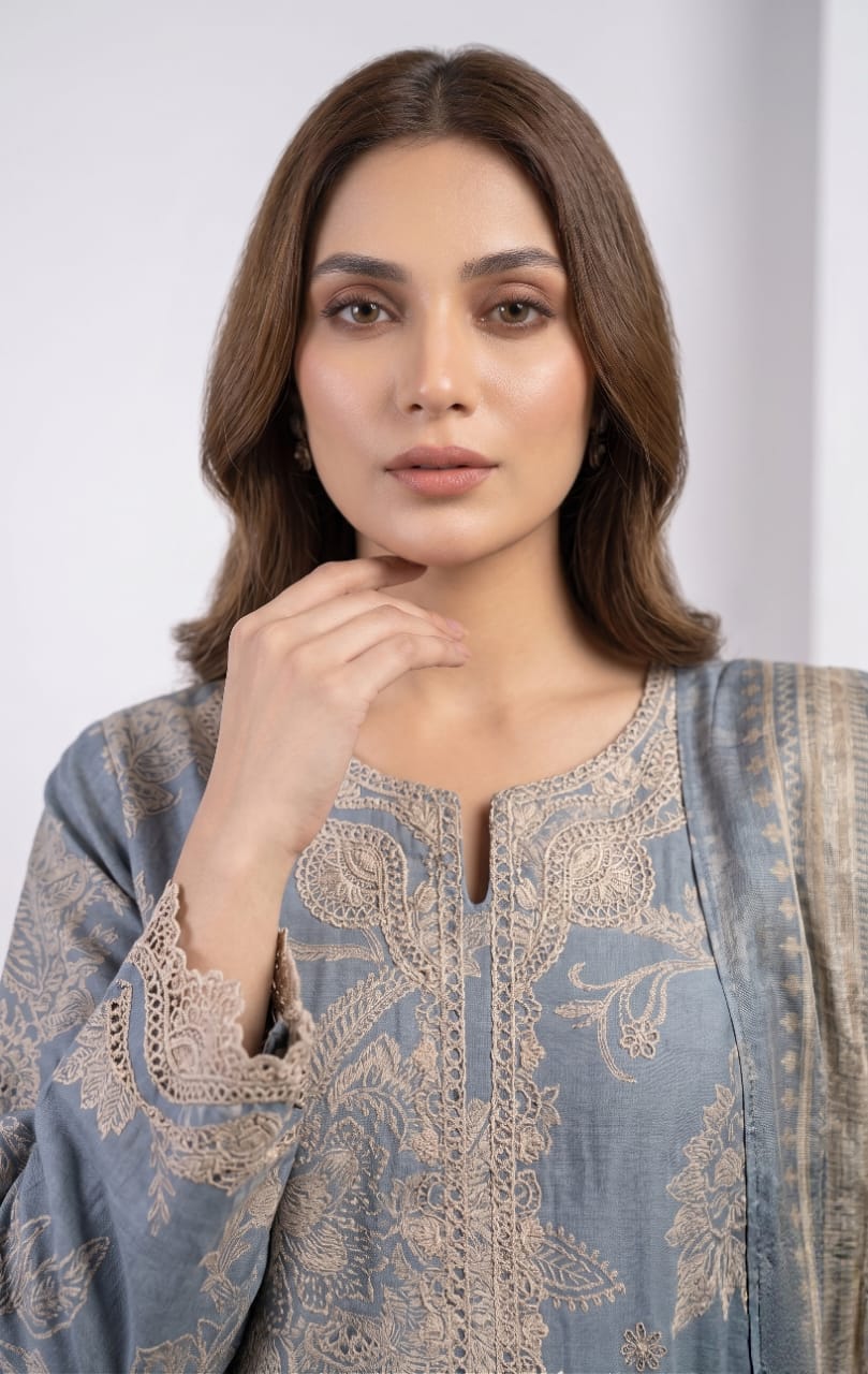 Dusty Blue 3 - Piece Printed Lawn Suit - sitarastyle.com