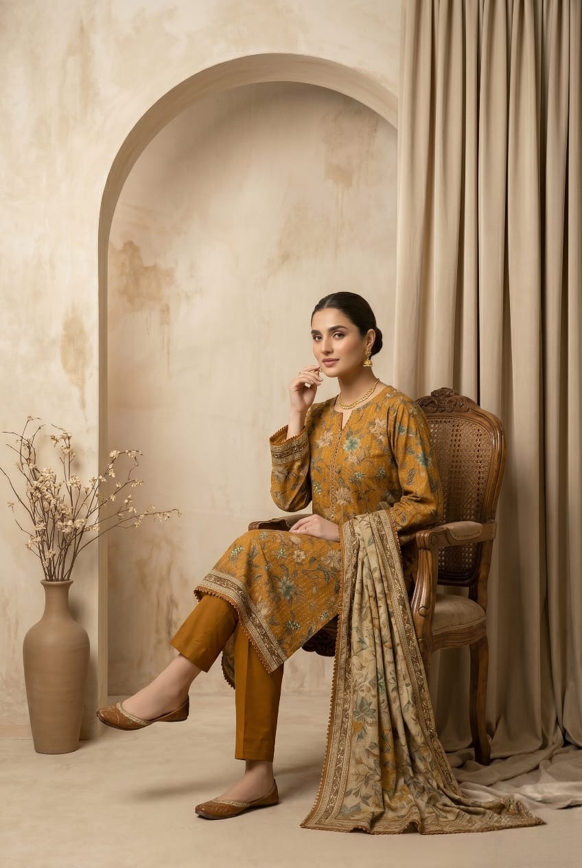 Earthy Brown Embroidered 3 - Piece Printed Lawn Suit - sitarastyle.com