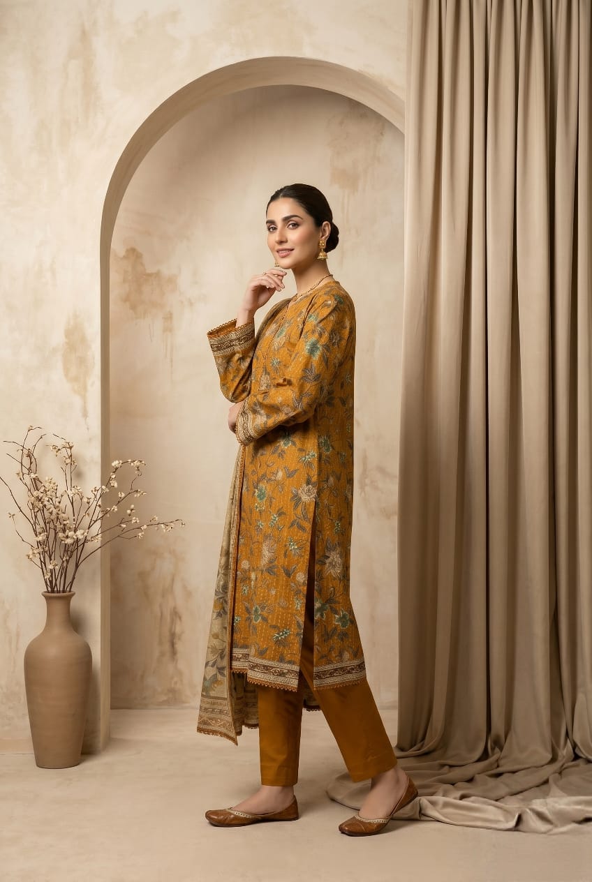 Earthy Brown Embroidered 3 - Piece Printed Lawn Suit - sitarastyle.com