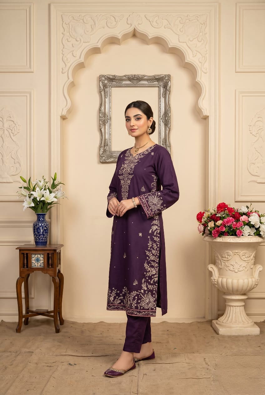 Elegant Purple 2pc Embroidered Lawn Suit | Thread Work Kurta (41" Length) - sitarastyle.com