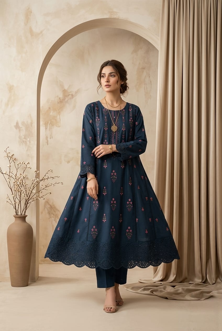 Ink Blue 2pc Embroidered Lawn Frock - Thread Work Edition - sitarastyle.com