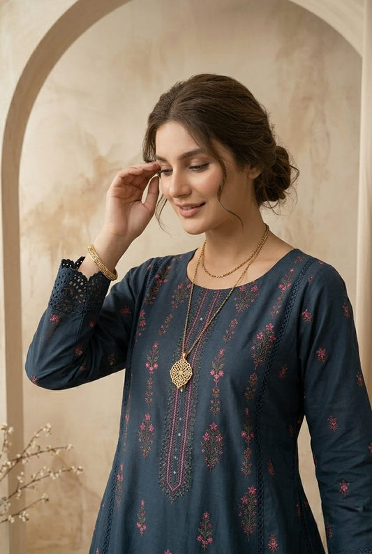 Ink Blue 2pc Embroidered Lawn Frock - Thread Work Edition - sitarastyle.com
