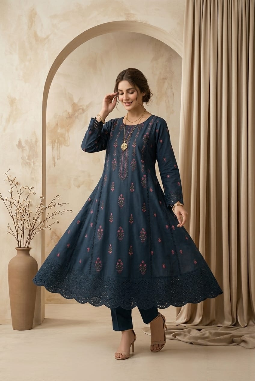 Ink Blue 2pc Embroidered Lawn Frock - Thread Work Edition - sitarastyle.com