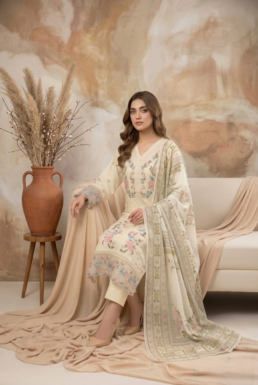 Ivory Cream Thread Work 3 - Piece Suit with Printed Chiffon Dupatta - sitarastyle.com