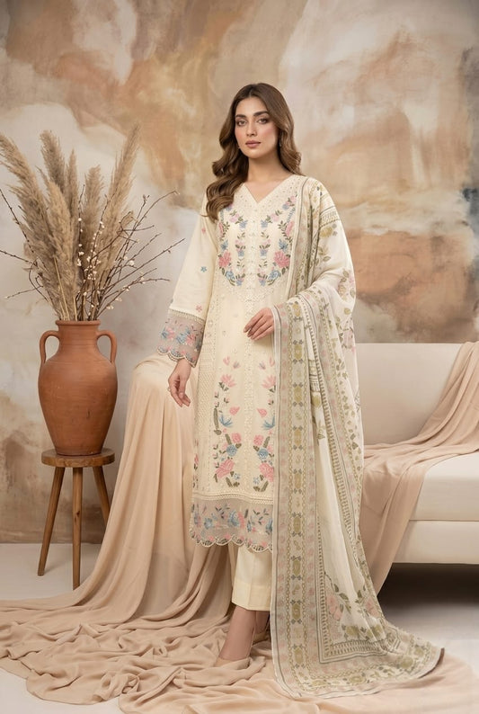 Ivory Cream Thread Work 3 - Piece Suit with Printed Chiffon Dupatta - sitarastyle.com
