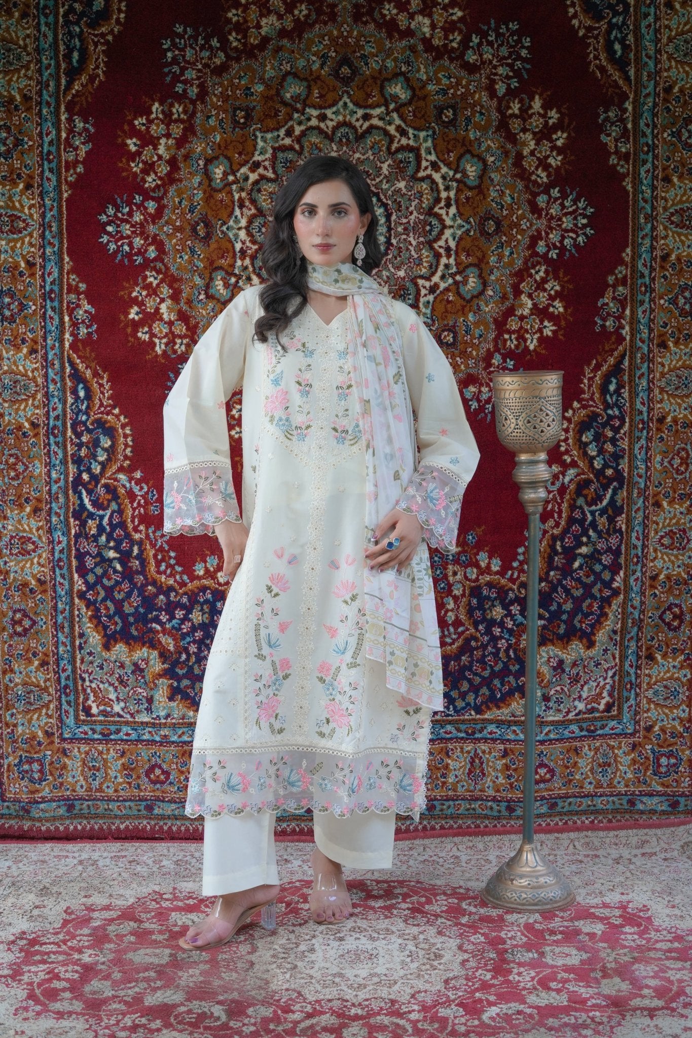 Ivory Cream Thread Work 3pc Suit with Printed Chiffon Dupatta - sitarastyle.com