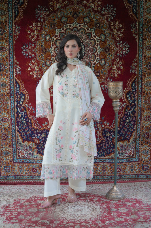 Ivory Cream Thread Work 3pc Suit with Printed Chiffon Dupatta - sitarastyle.com
