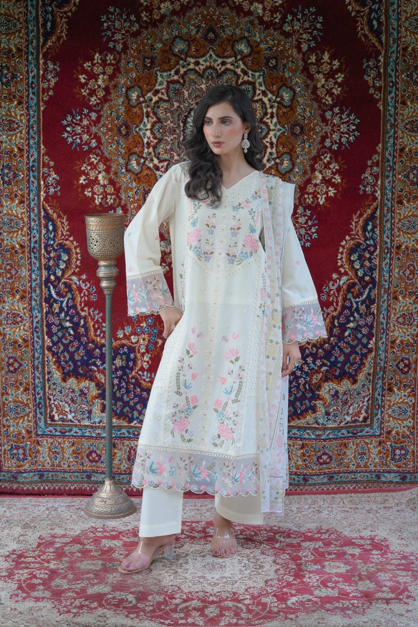 Ivory Cream Thread Work 3pc Suit with Printed Chiffon Dupatta - sitarastyle.com