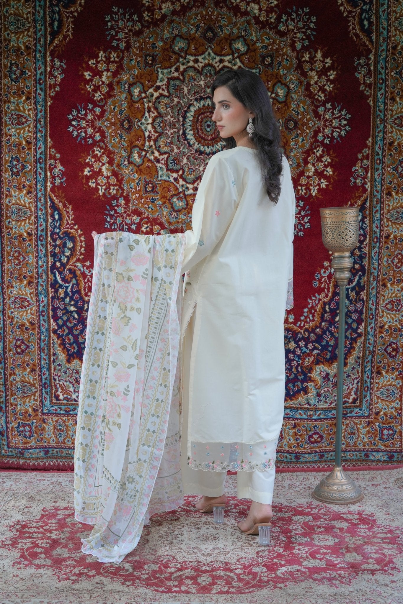 Ivory Cream Thread Work 3pc Suit with Printed Chiffon Dupatta - sitarastyle.com