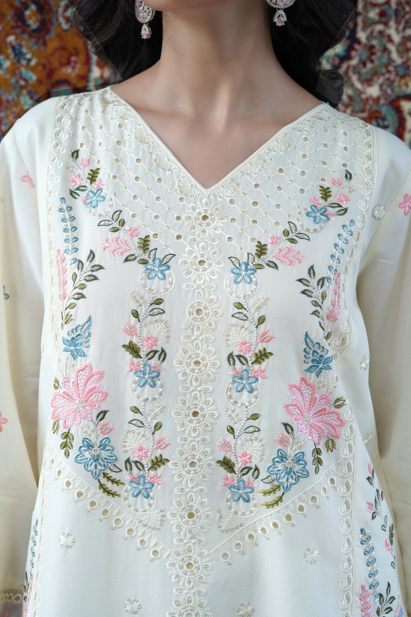 Ivory Cream Thread Work 3pc Suit with Printed Chiffon Dupatta - sitarastyle.com