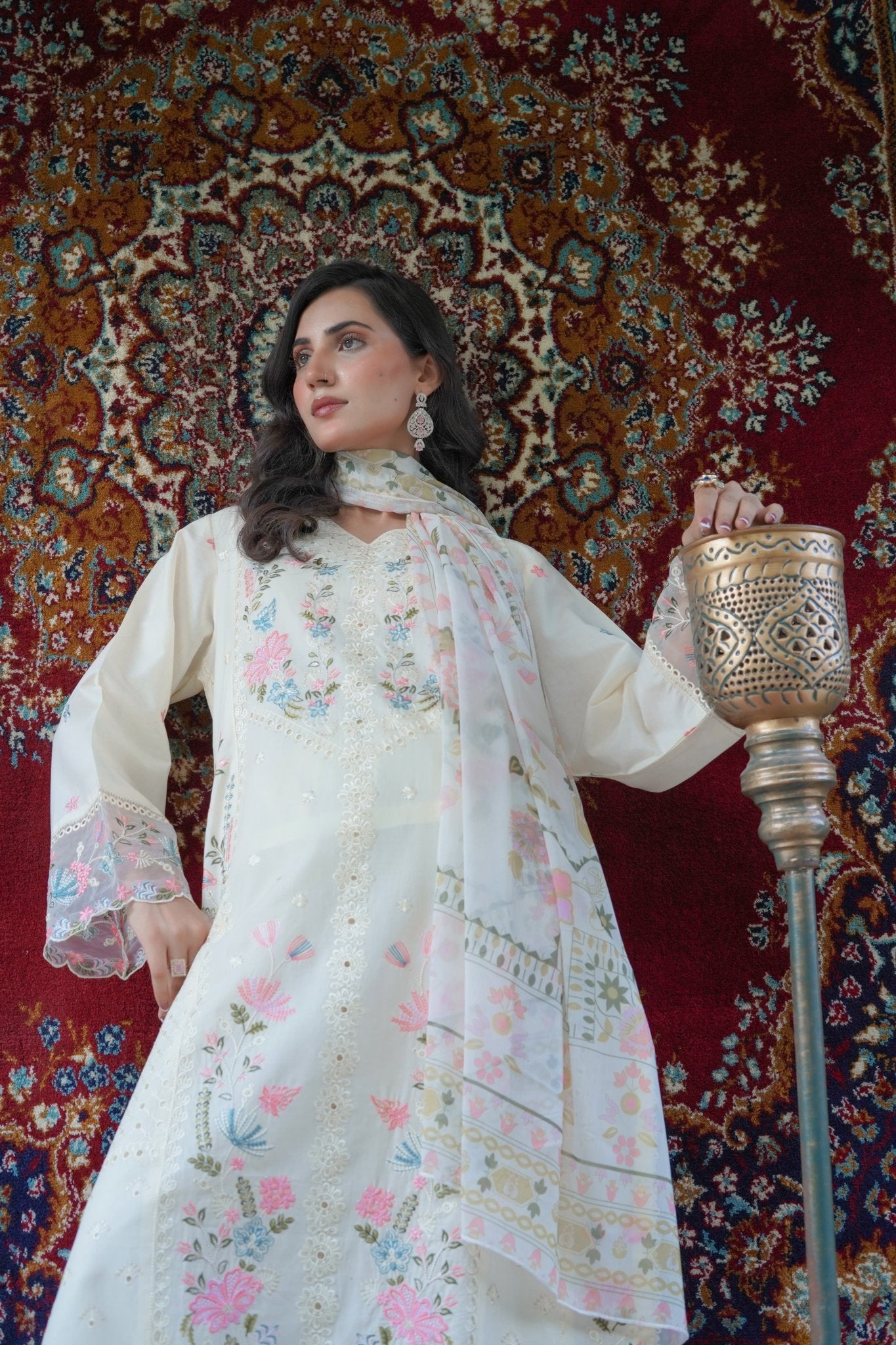 Ivory Cream Thread Work 3pc Suit with Printed Chiffon Dupatta - sitarastyle.com