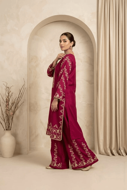 Kiran red 2pc embroidered lawn suit with flapper thread work kurta - Sitara Style