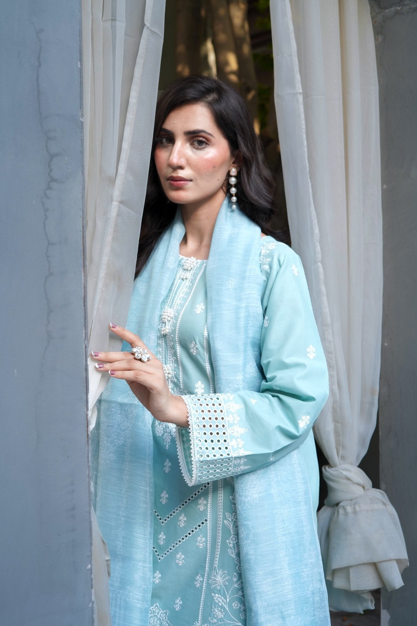 Light Blue Sequence & Thread Embroidered 3-Piece Lawn Suit - sitarastyle.com