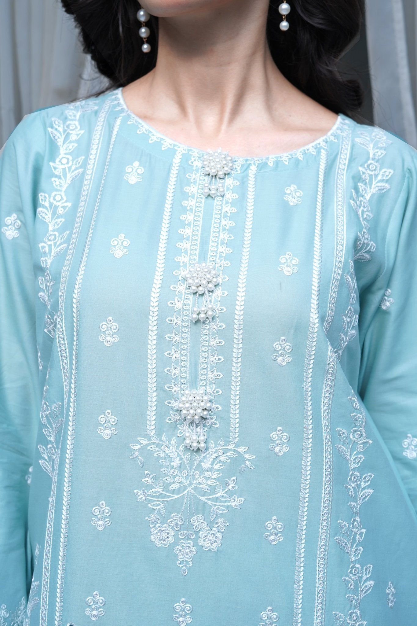 Light Blue Sequence & Thread Embroidered 3-Piece Lawn Suit - sitarastyle.com