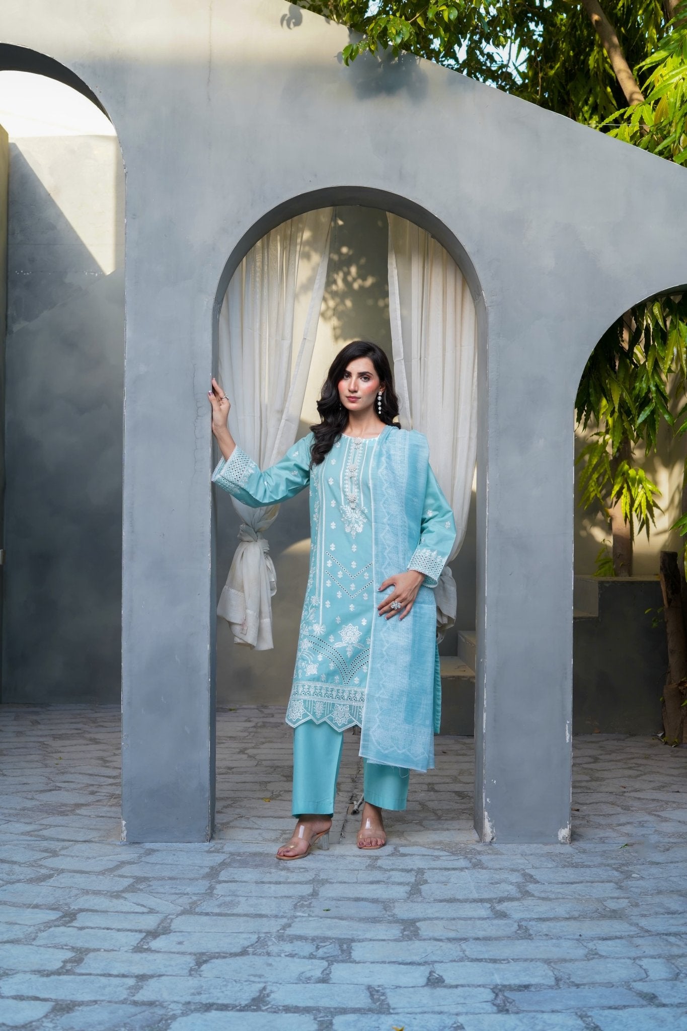 Light Blue Sequence & Thread Embroidered 3-Piece Lawn Suit - sitarastyle.com