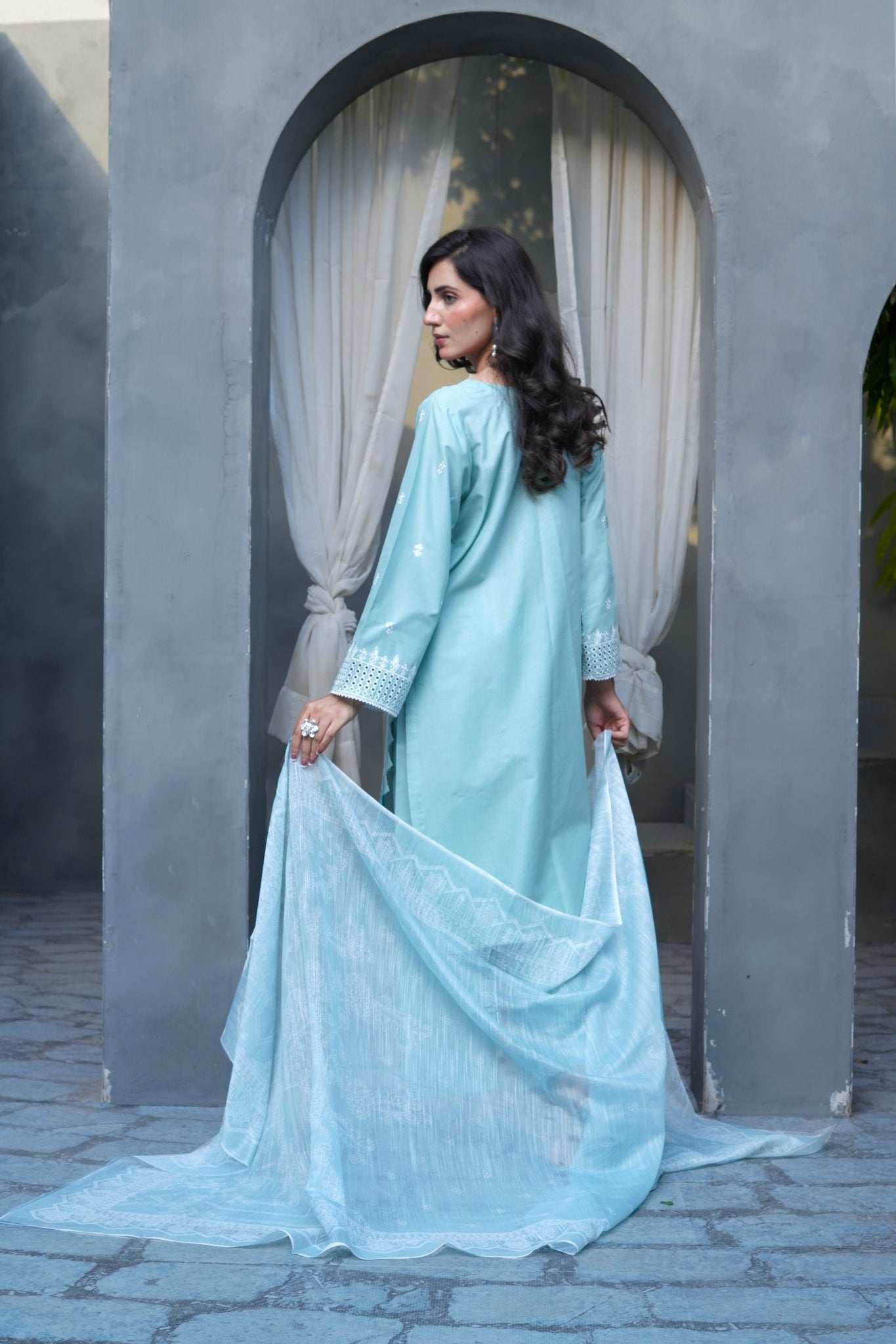Light Blue Sequence & Thread Embroidered 3-Piece Lawn Suit - sitarastyle.com