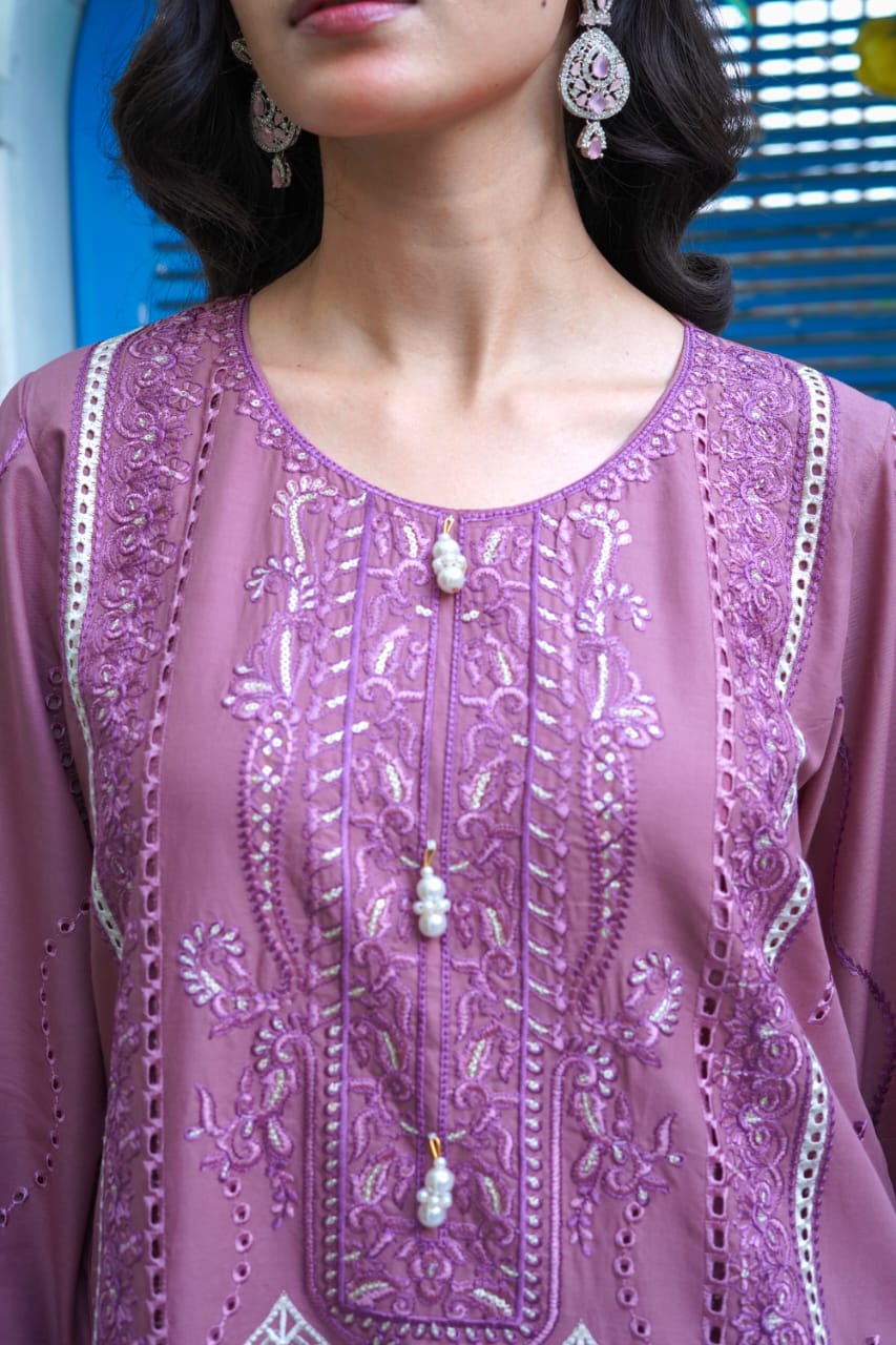 Light Purple Chikankari Embroidered 3-Piece Suit – Silk Chiffon Dupatta - sitarastyle.com