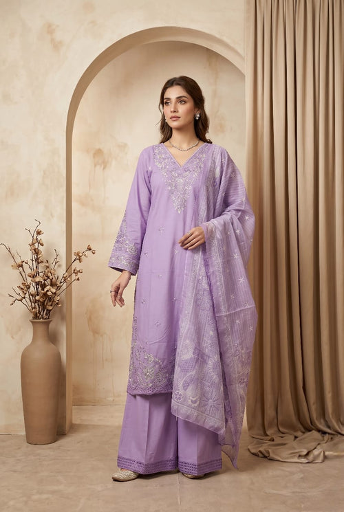 Lilac light purple embroidered 3pc lawn suit - Sitara Style
