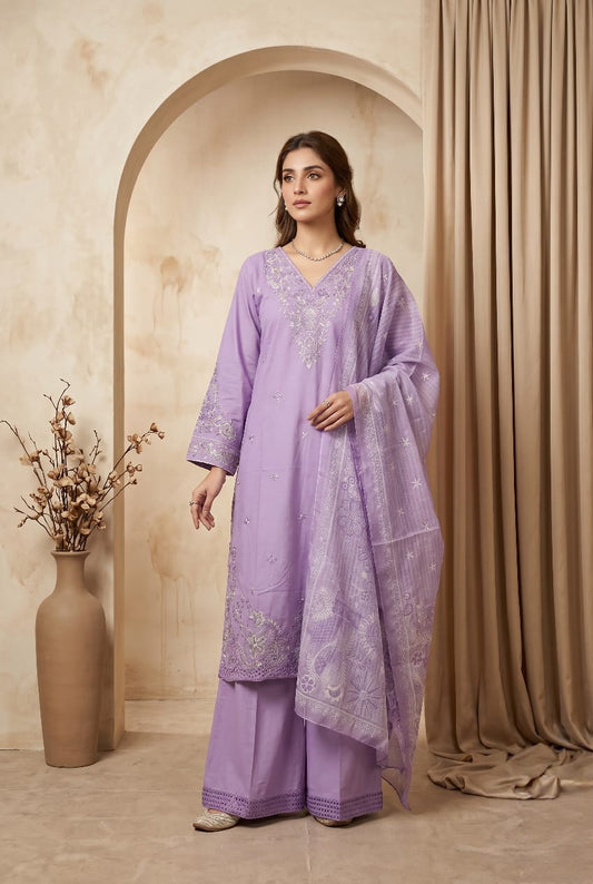 Lilac Light Purple Embroidered 3 - Piece Lawn Suit - sitarastyle.com