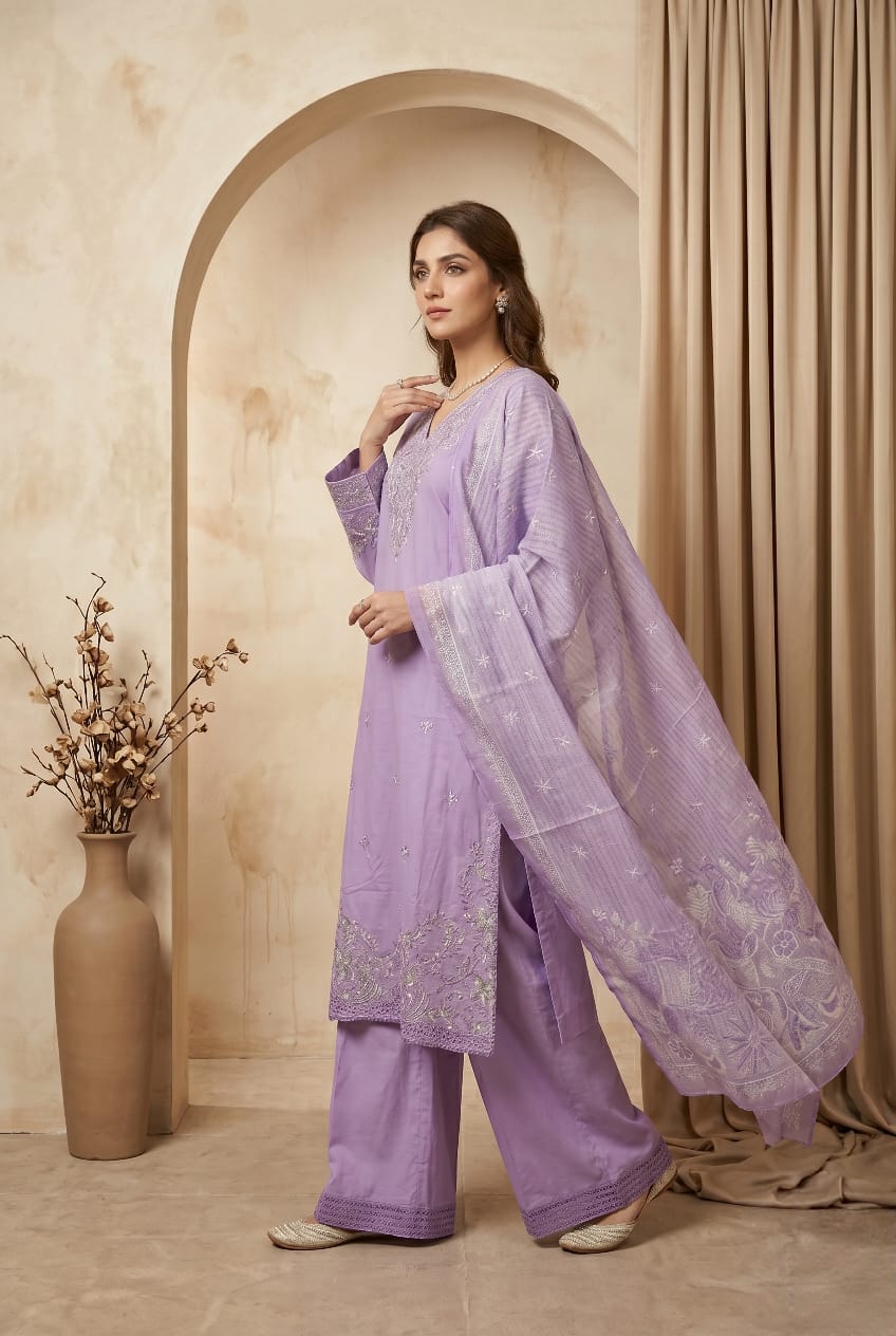 Lilac Light Purple Embroidered 3 - Piece Lawn Suit - sitarastyle.com