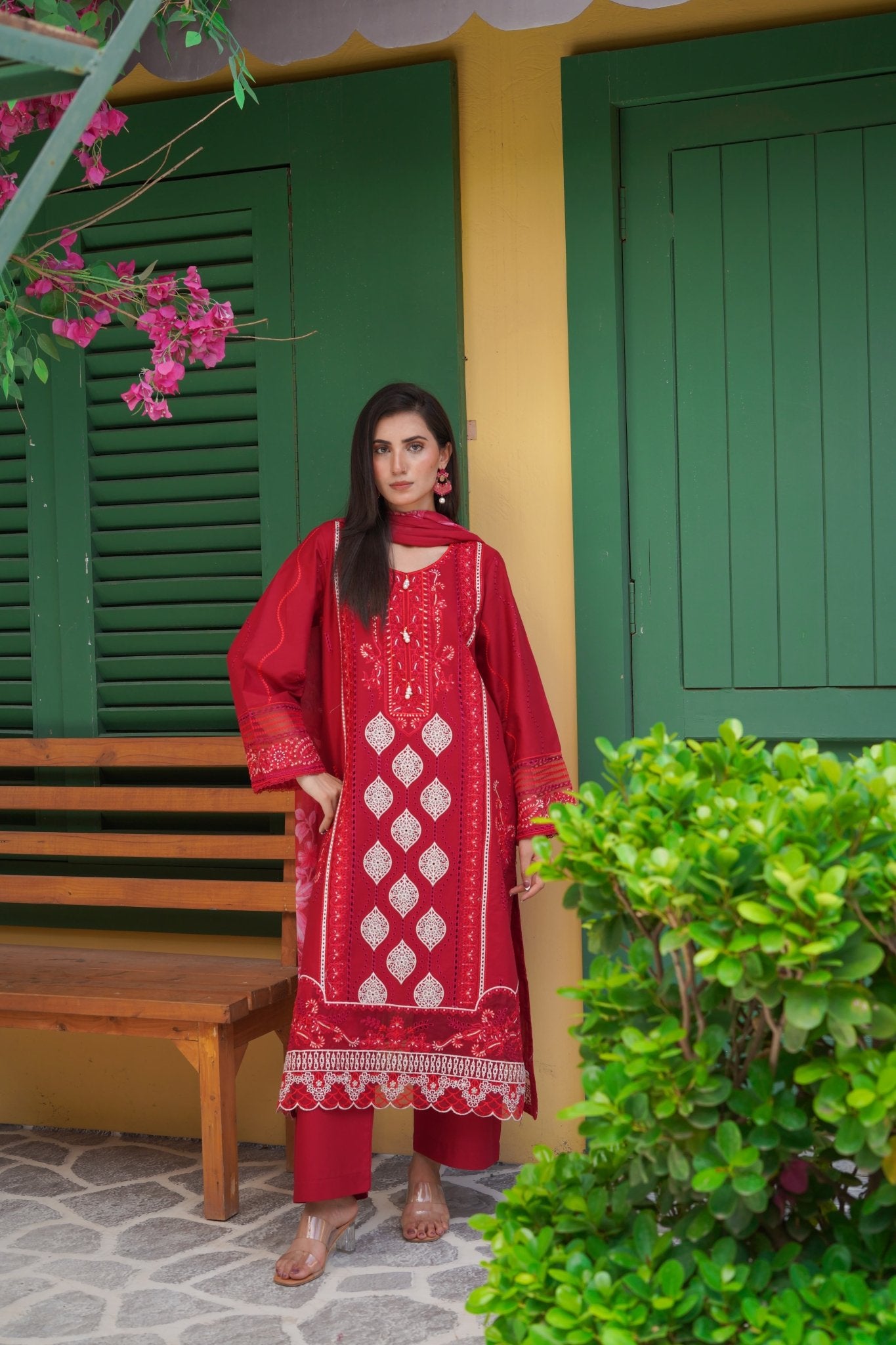 Maroon chikankari lawn suit with silk chiffon dupatta - Sitara Style