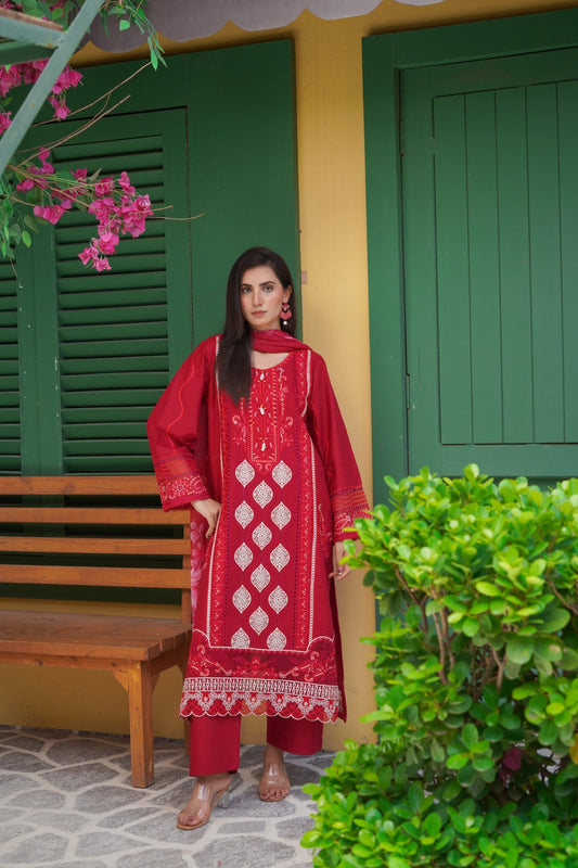 Maroon chikankari Lawn Suit with Silk Chiffon Dupatta - sitarastyle.com