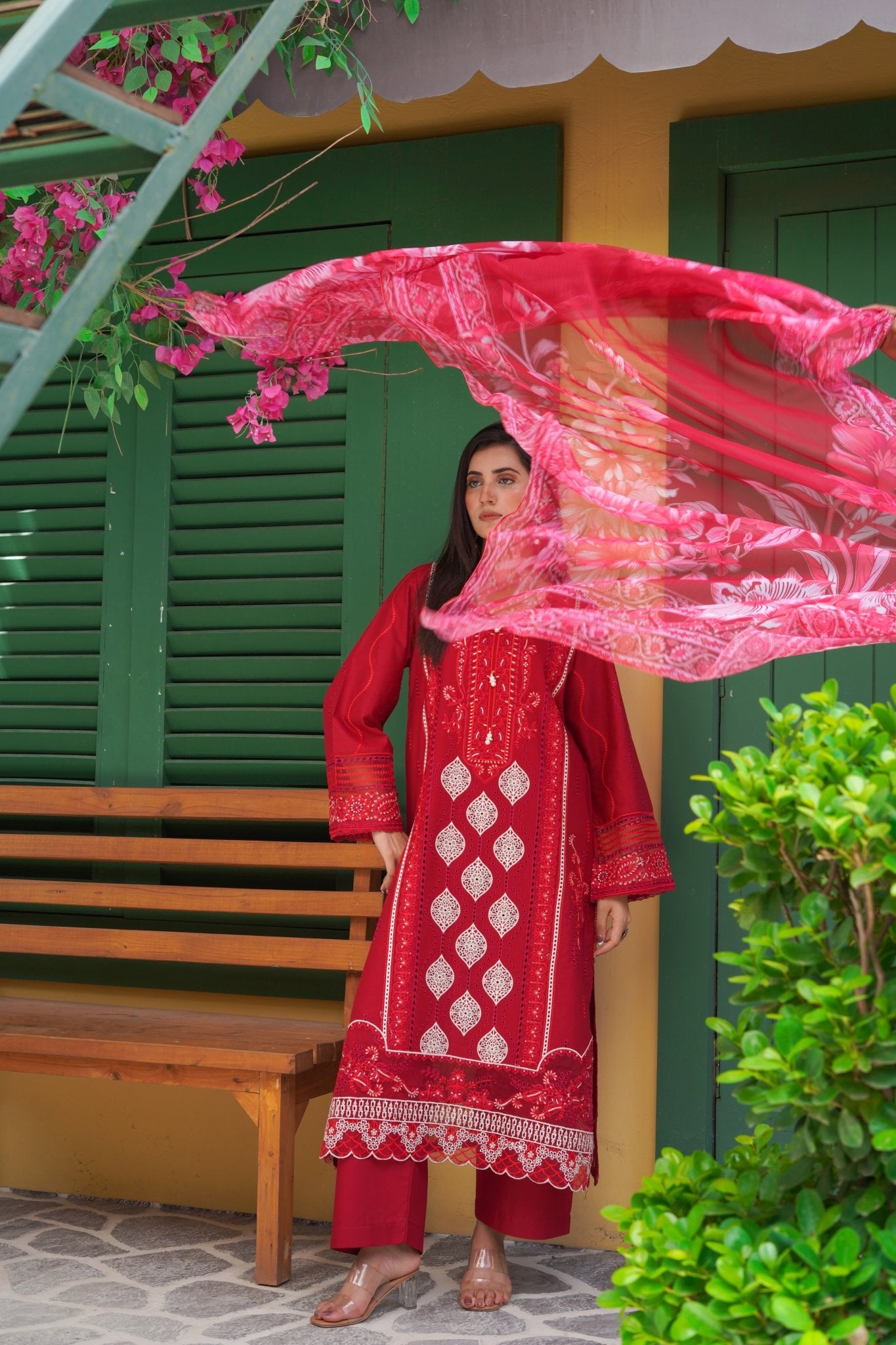 Maroon chikankari Lawn Suit with Silk Chiffon Dupatta - sitarastyle.com