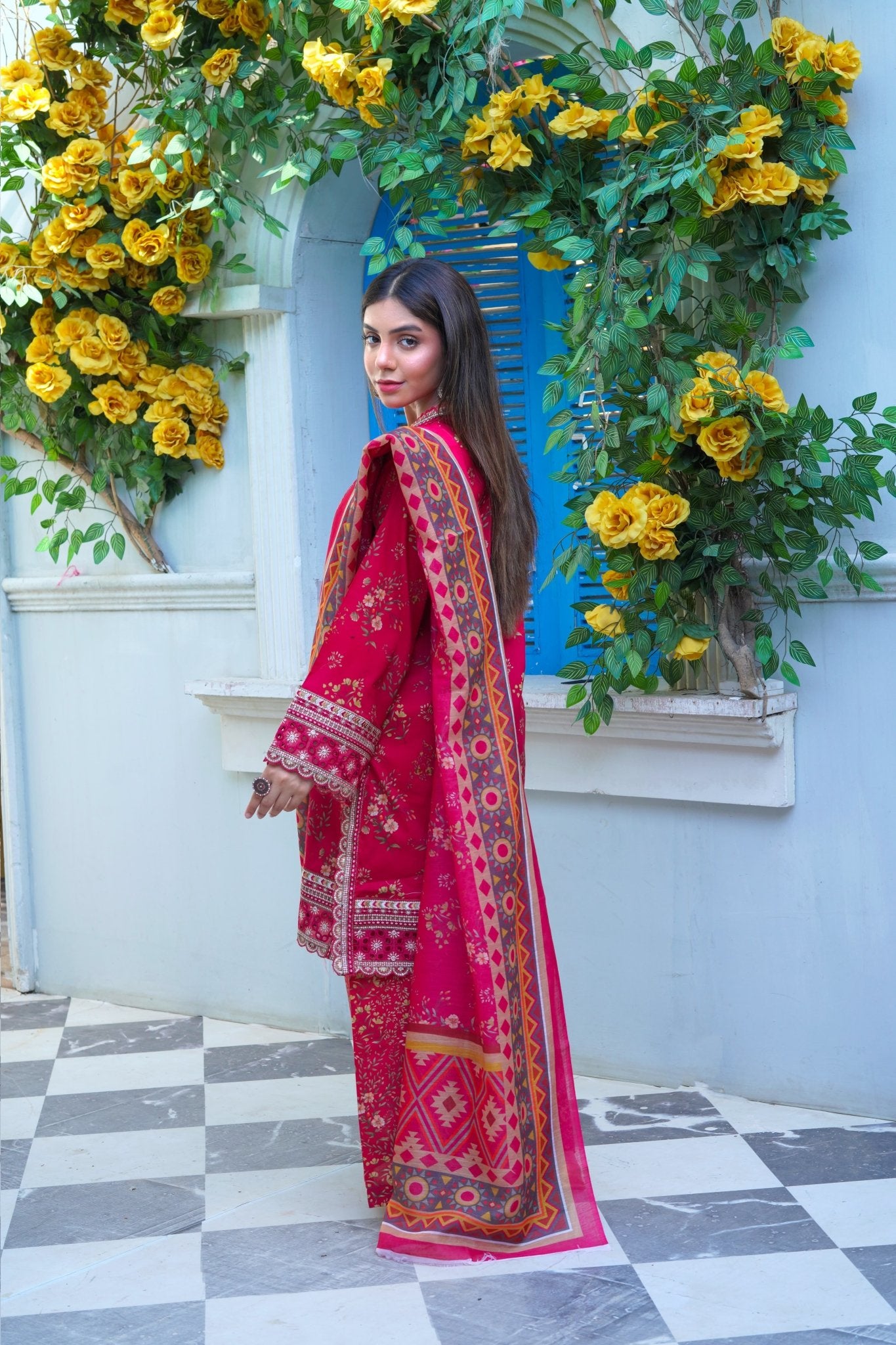 Maroon Printed Lawn Flapper Suit with Monar Dupatta - sitarastyle.com