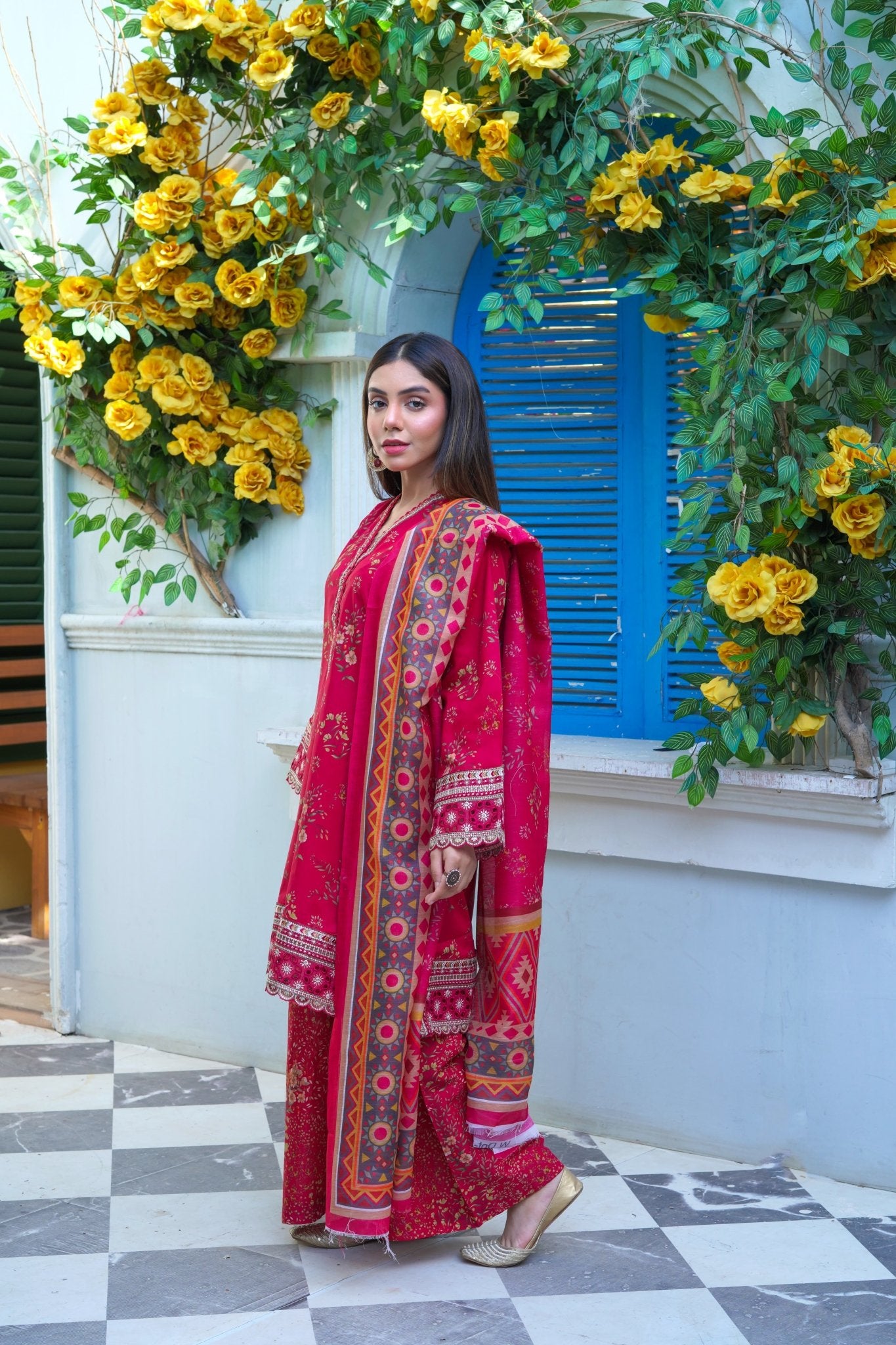 Maroon Printed Lawn Flapper Suit with Monar Dupatta - sitarastyle.com