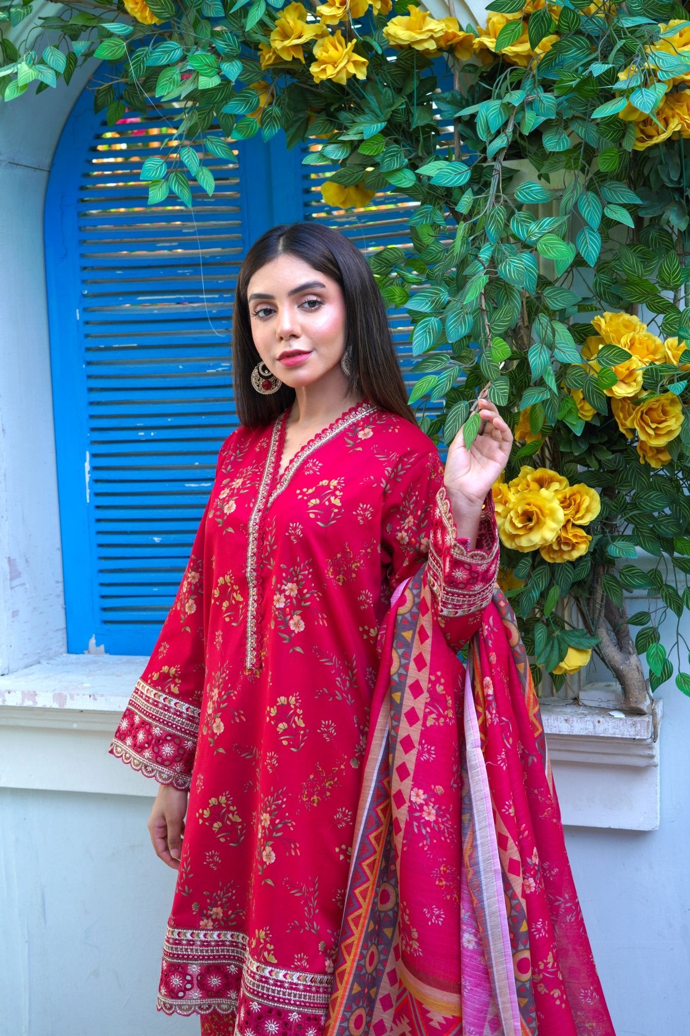Maroon Printed Lawn Flapper Suit with Monar Dupatta - sitarastyle.com