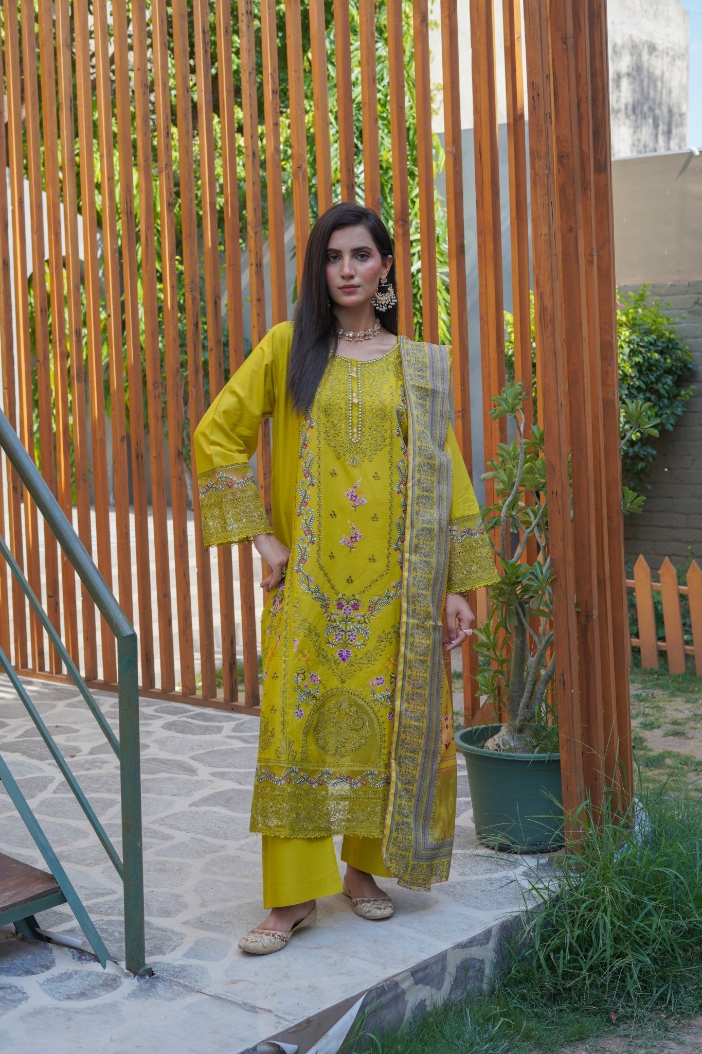 Olive lime embroidered lawn suit 3-piece - Sitara Style