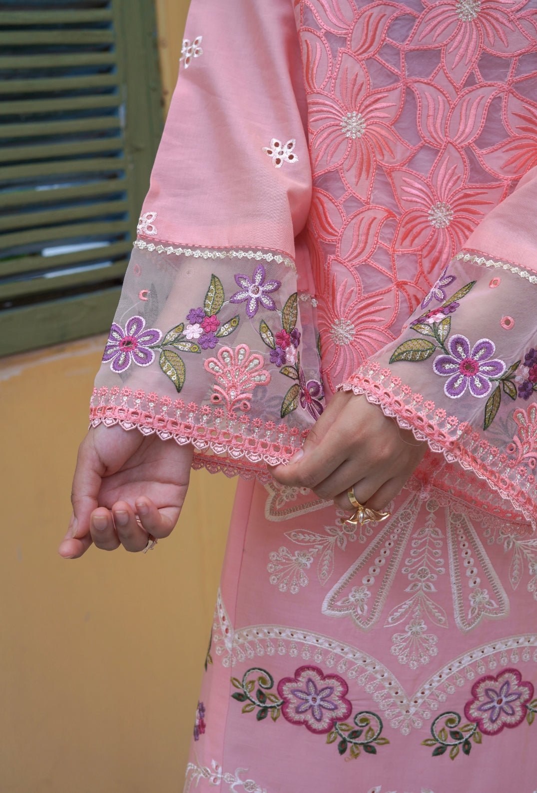 Peach Embroidered 3-Piece Suit with Printed Chiffon Dupatta - sitarastyle.com