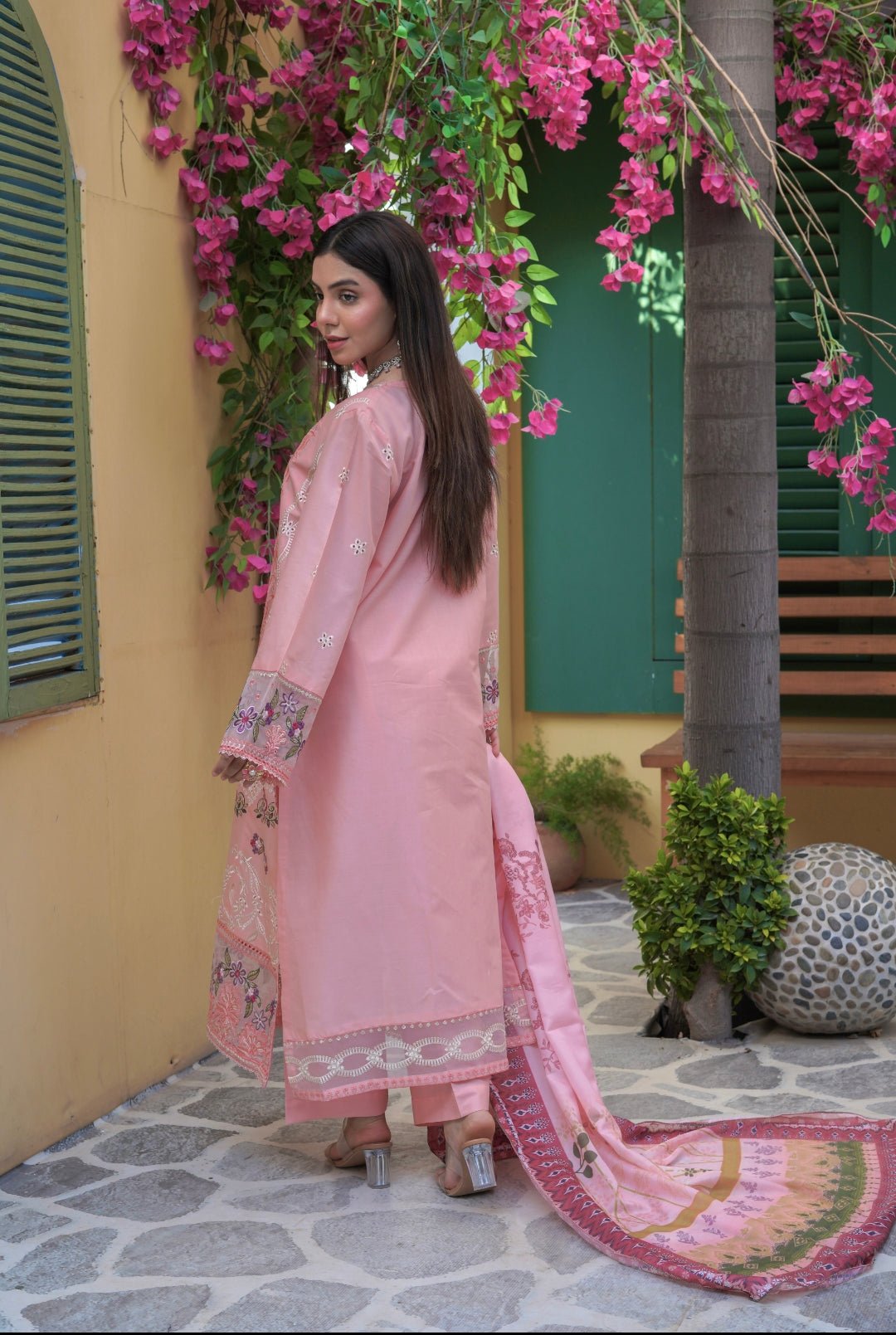 Peach Embroidered 3-Piece Suit with Printed Chiffon Dupatta - sitarastyle.com