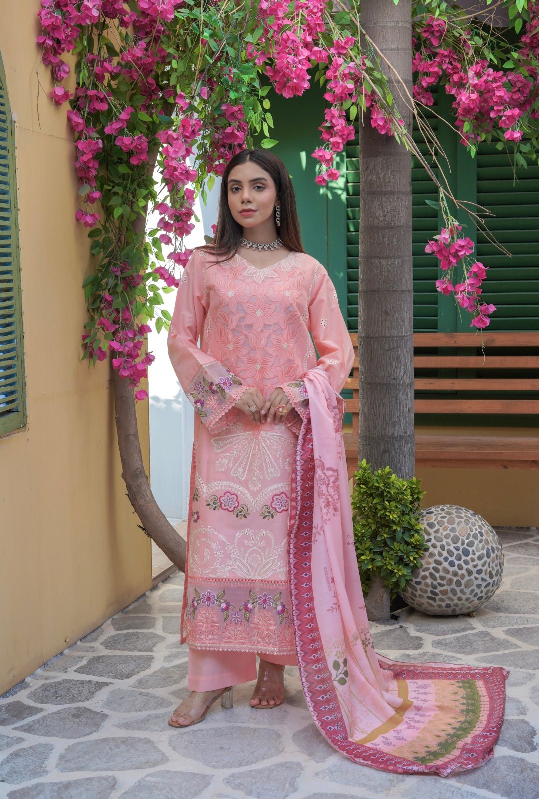 Peach Embroidered 3-Piece Suit with Printed Chiffon Dupatta - sitarastyle.com
