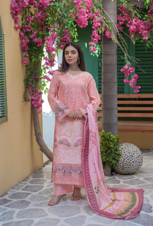 Peach Embroidered 3-Piece Suit with Printed Chiffon Dupatta - sitarastyle.com
