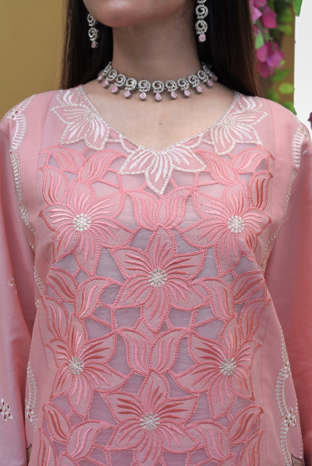 Peach Embroidered 3-Piece Suit with Printed Chiffon Dupatta - sitarastyle.com
