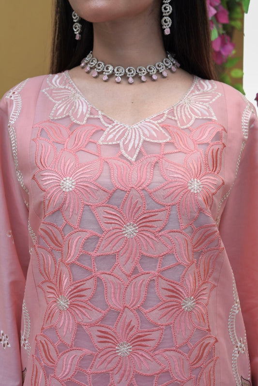 Peach Embroidered 3-Piece Suit with Printed Chiffon Dupatta - sitarastyle.com